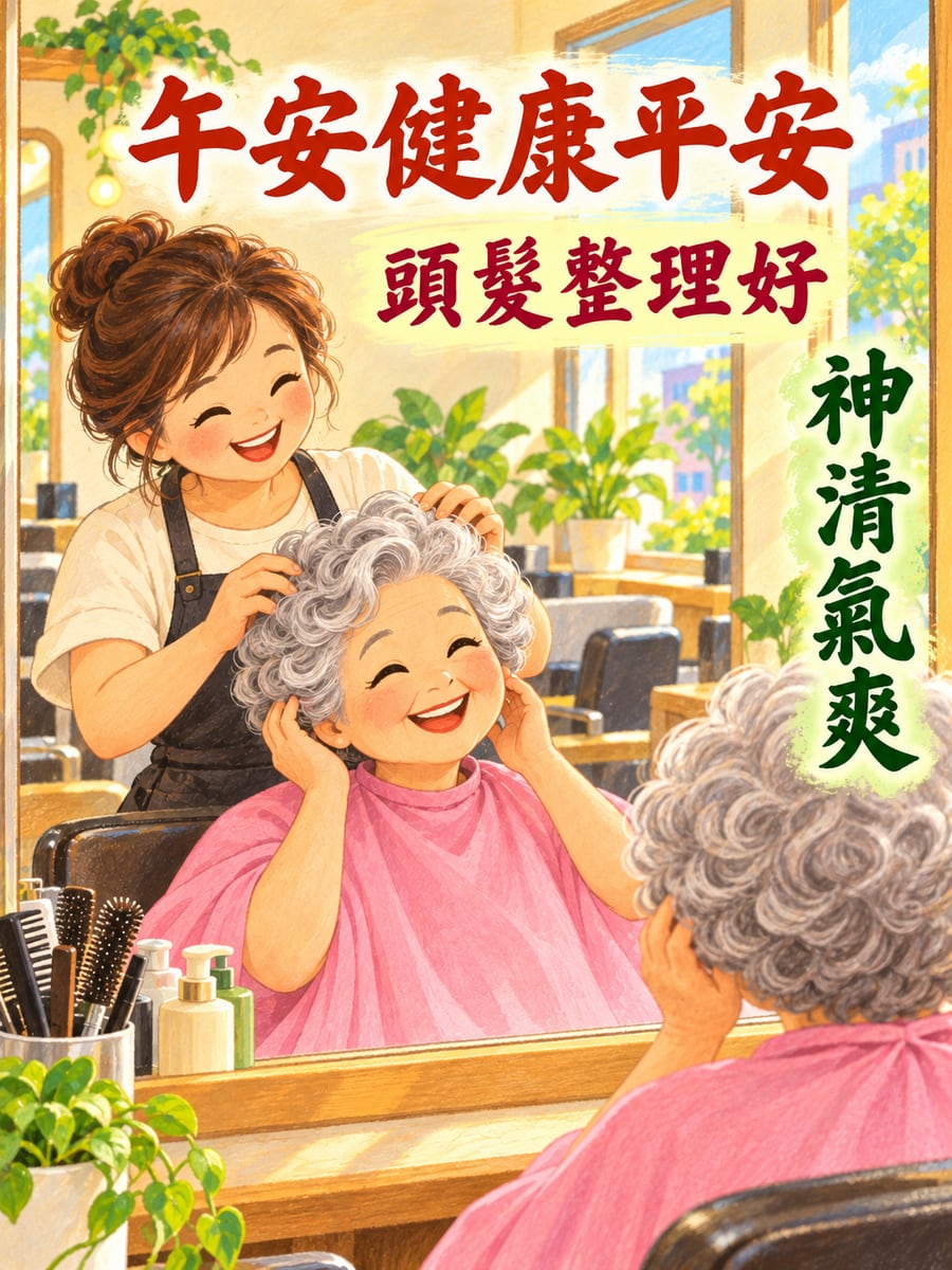 阿嬤剛整理好頭髮。圖中文字：午安健康平安，頭髮整理好，神清氣爽