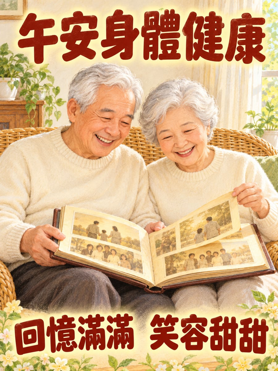 一起翻老相簿。圖中文字：午安身體健康，回憶滿滿，笑容甜甜