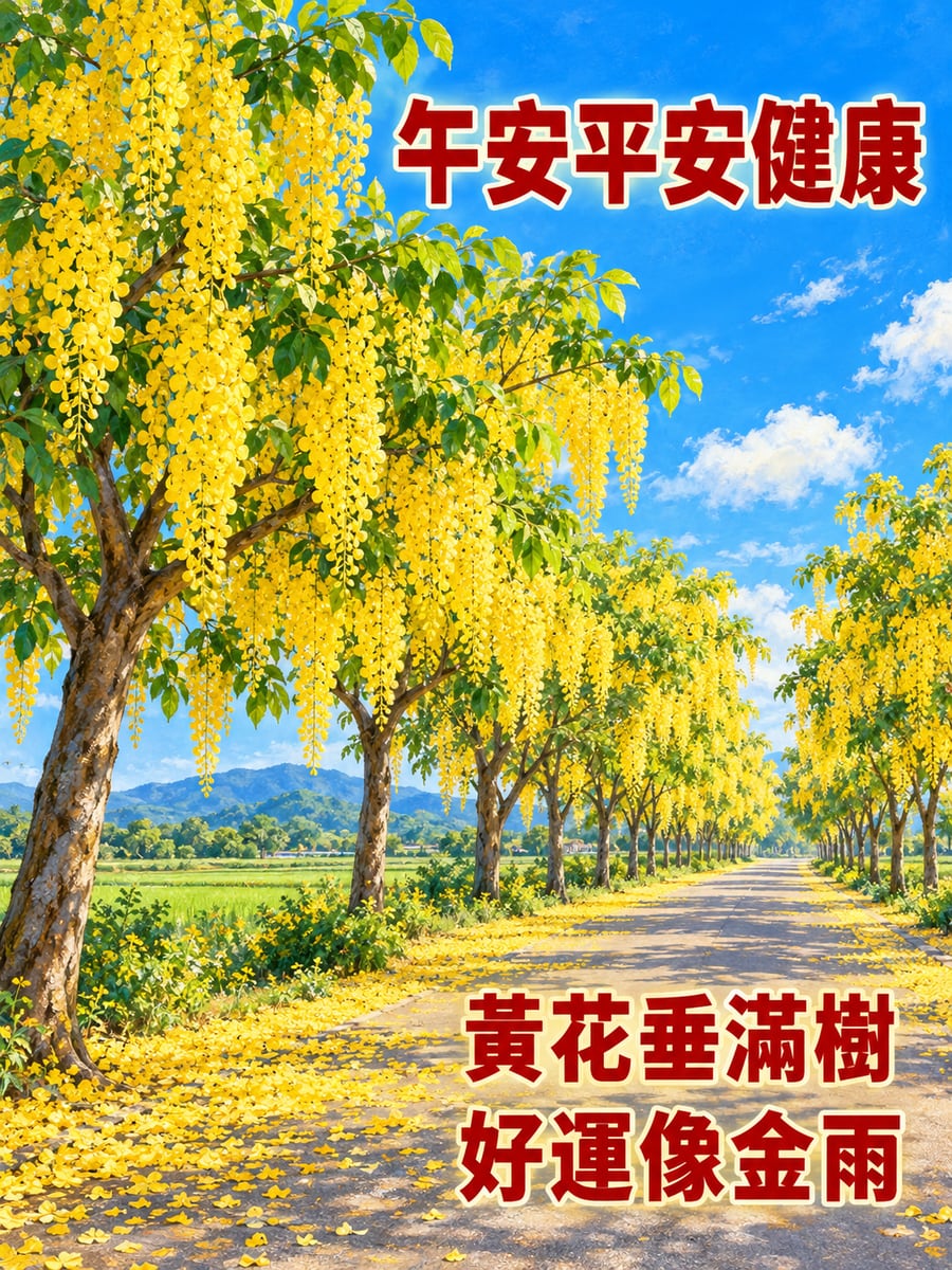 阿勃勒黃金雨。圖中文字：午安平安健康，黃花垂滿樹，好運像金雨