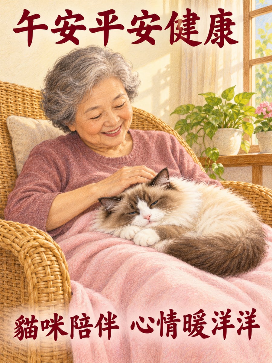 布偶貓陪阿嬤。圖中文字：午安平安健康，貓咪陪伴，心情暖洋洋