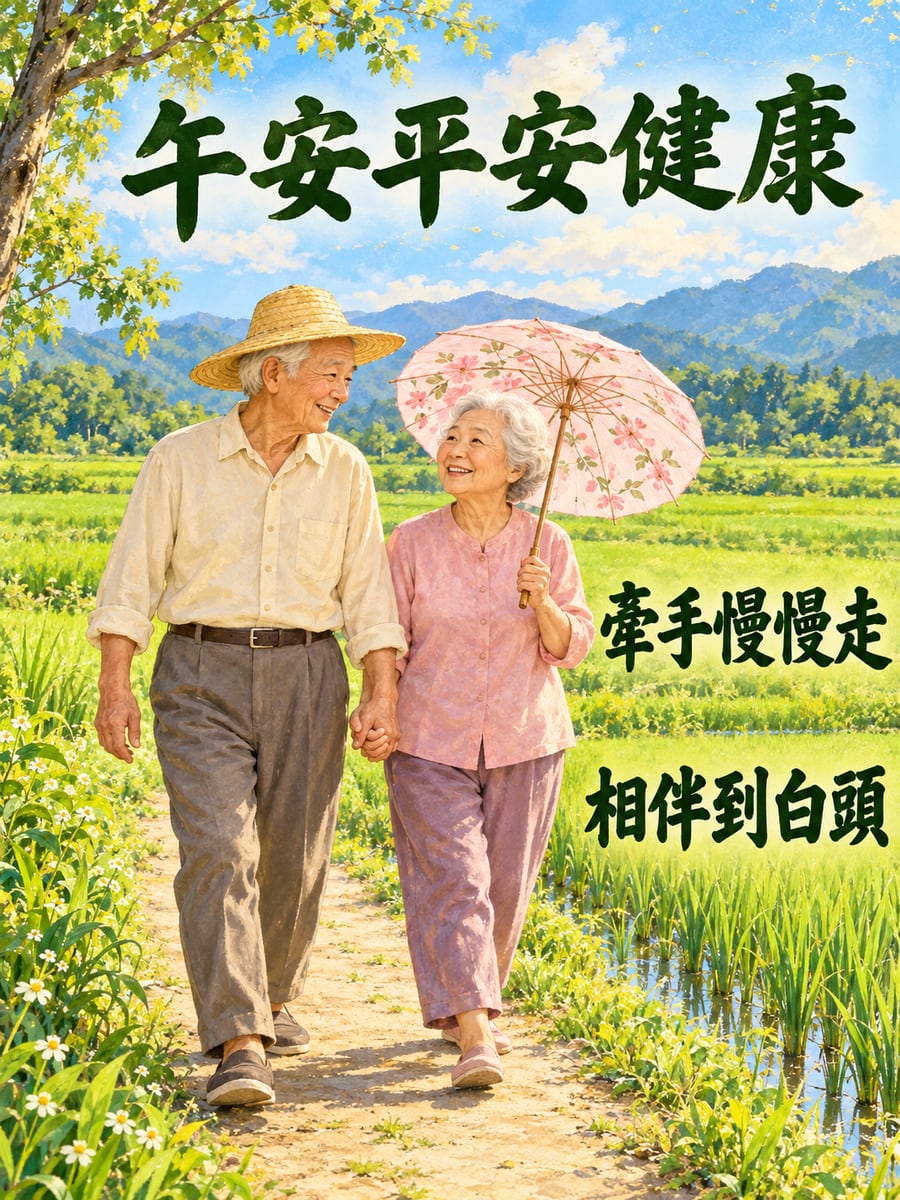 老夫妻牽手散步。圖中文字：午安平安健康，牽手慢慢走，相伴到白頭