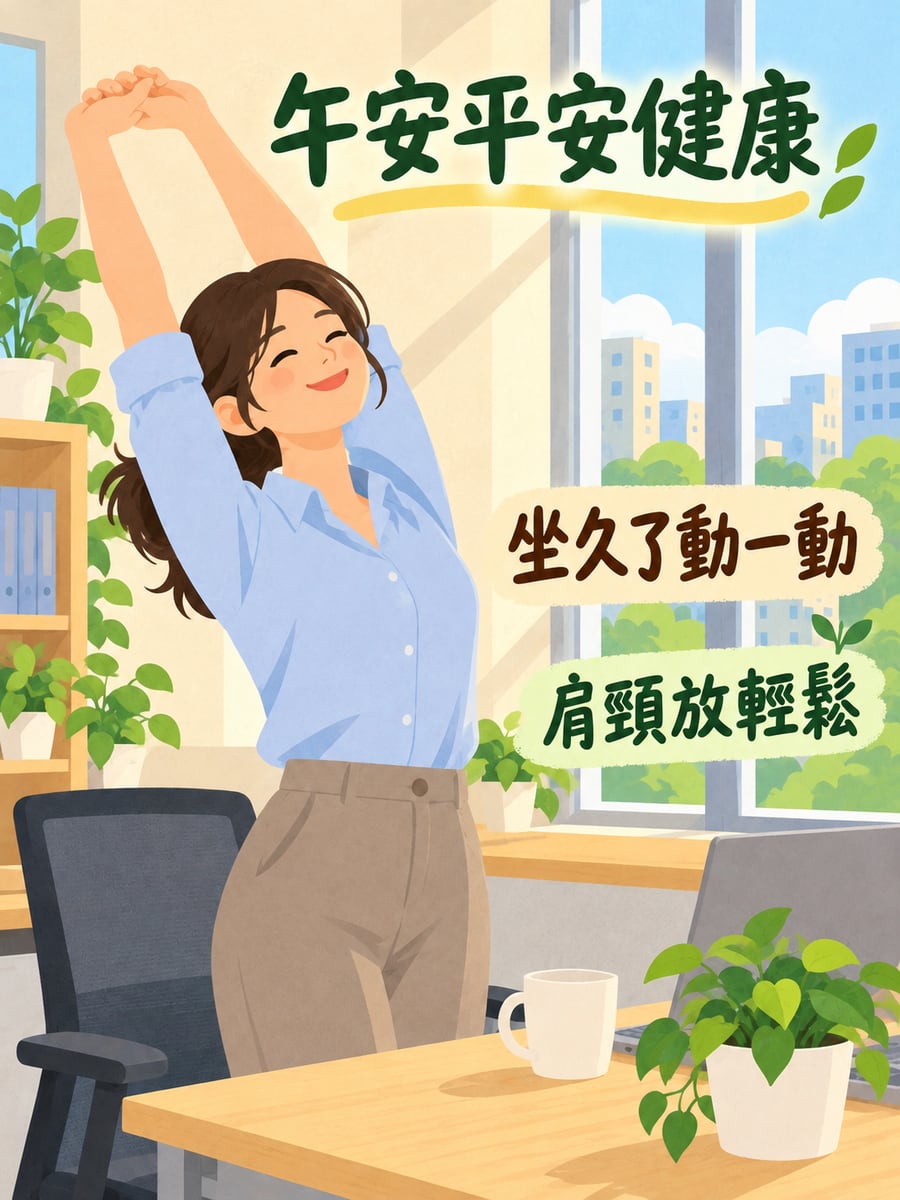 辦公室伸懶腰。圖中文字：午安平安健康，坐久了動一動，肩頸放輕鬆