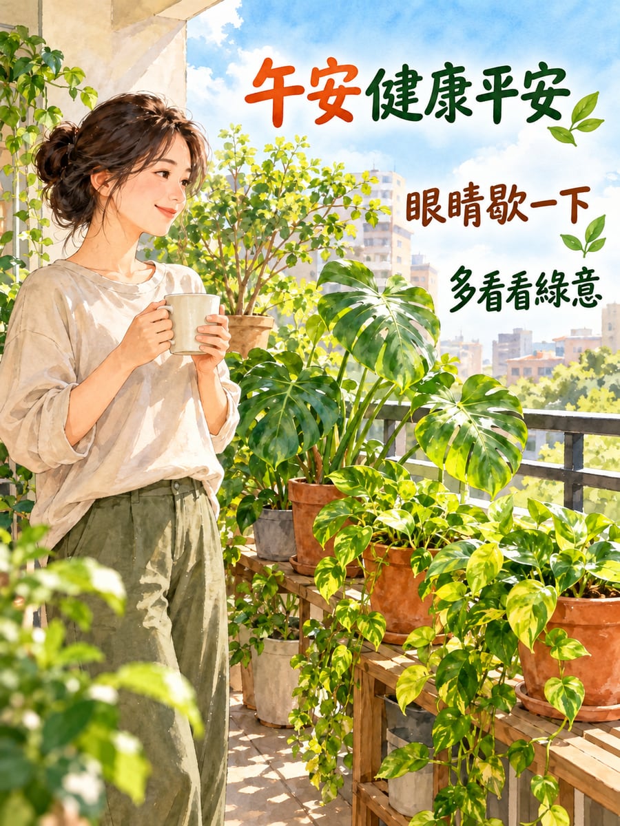 看看綠意。圖中文字：午安健康平安，眼睛歇一下，多看看綠意