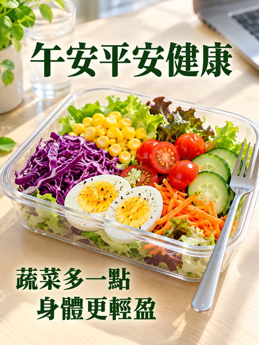 一盒彩虹沙拉。圖中文字：午安平安健康，蔬菜多一點，身體更輕盈