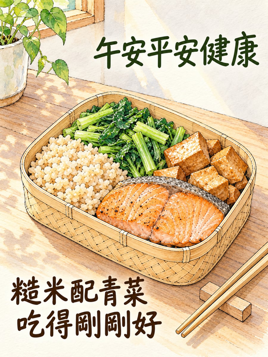 糙米便當。圖中文字：午安平安健康，糙米配青菜，吃得剛剛好