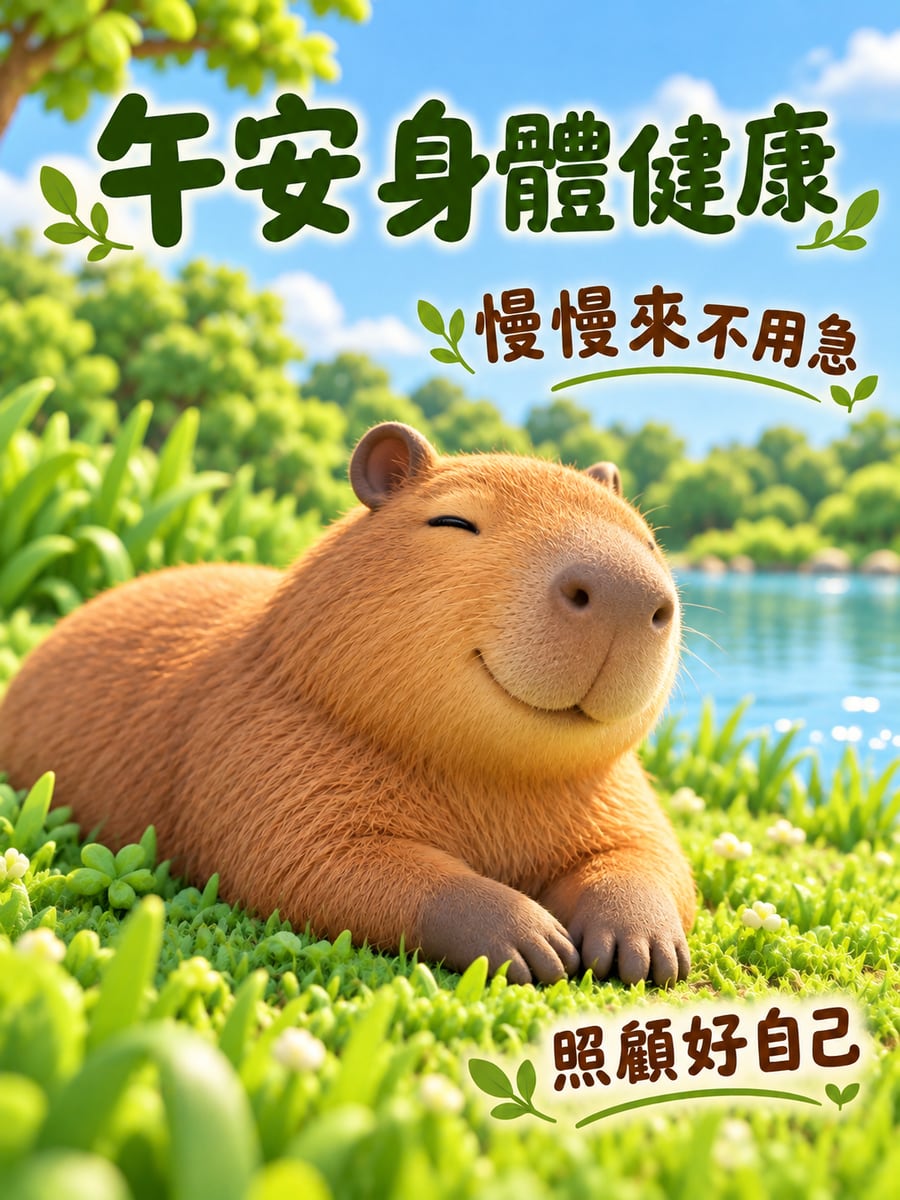 水豚曬太陽。圖中文字：午安身體健康，慢慢來不用急，照顧好自己