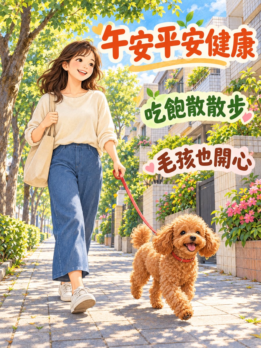 帶紅貴賓飯後散步。圖中文字：午安平安健康，吃飽散散步，毛孩也開心