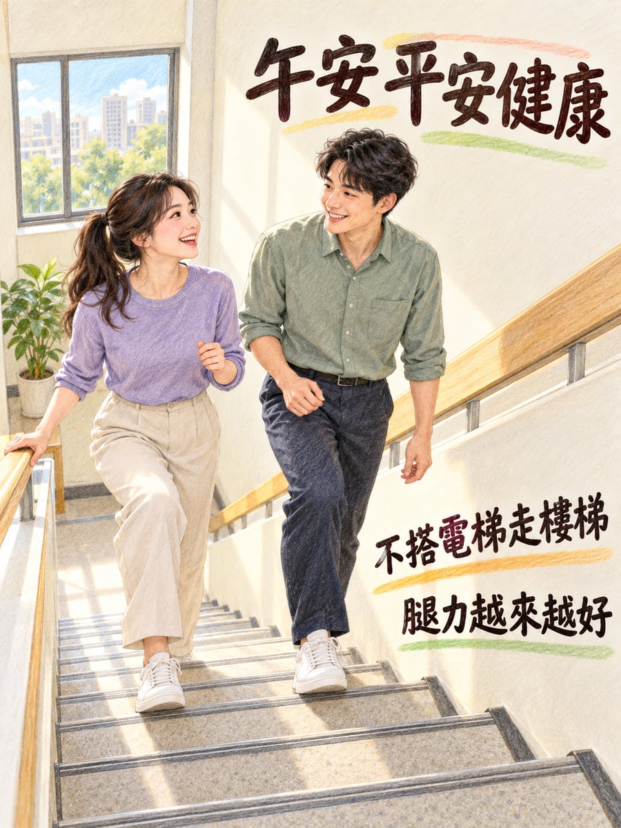 同事一起爬樓梯。圖中文字：午安平安健康，不搭電梯走樓梯，腿力越來越好