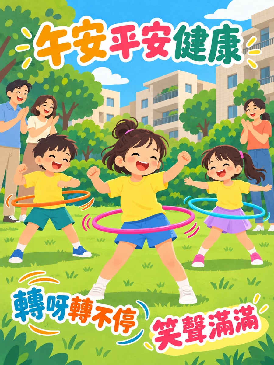 小朋友搖呼拉圈。圖中文字：午安平安健康，轉呀轉不停，笑聲滿滿