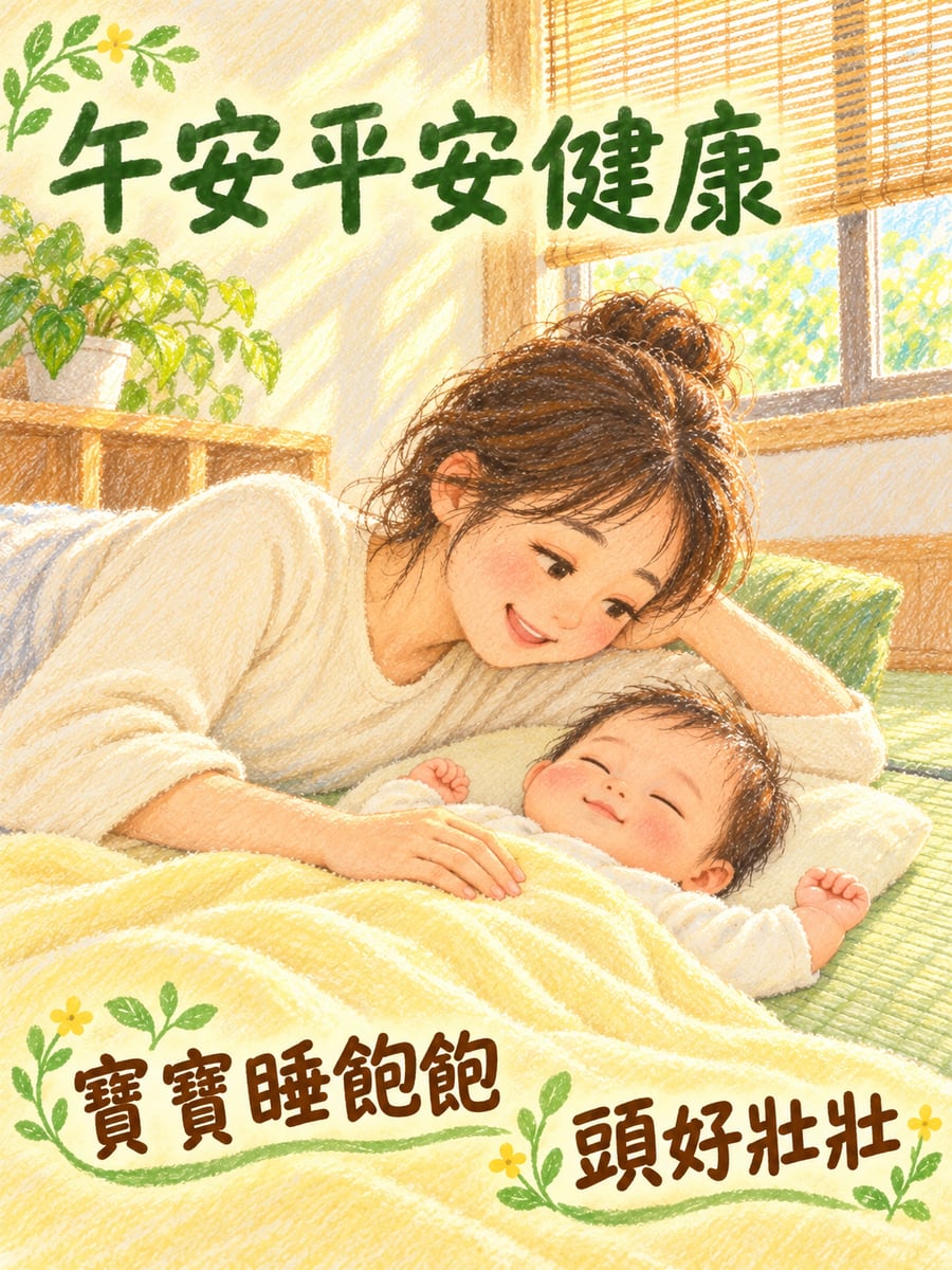 媽媽陪寶寶午睡。圖中文字：午安平安健康，寶寶睡飽飽，頭好壯壯