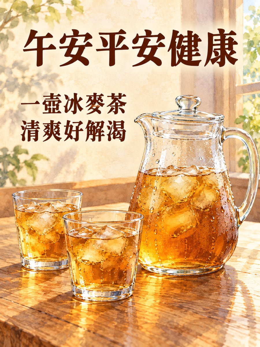 一壺冰麥茶。圖中文字：午安平安健康，一壺冰麥茶，清爽好解渴