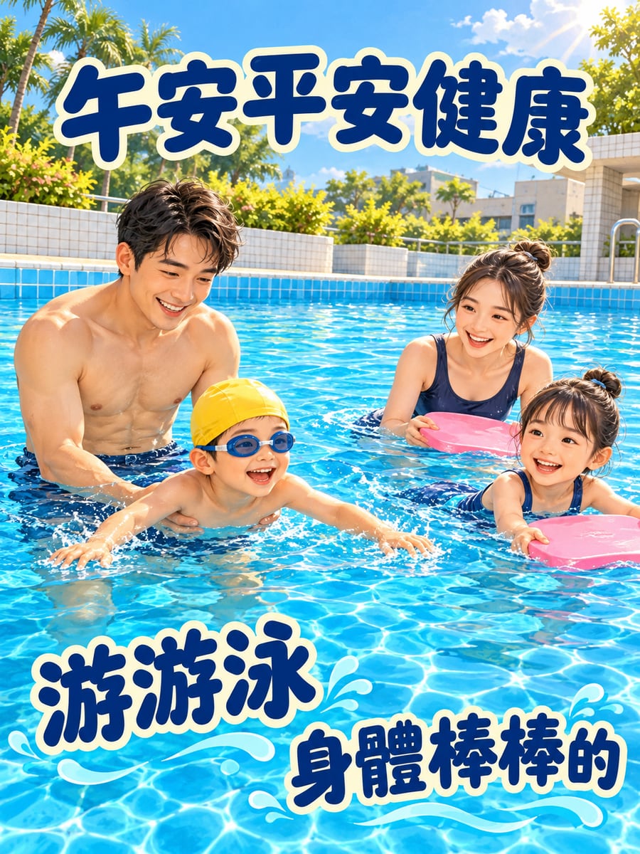 全家去游泳。圖中文字：午安平安健康，游游泳，身體棒棒的