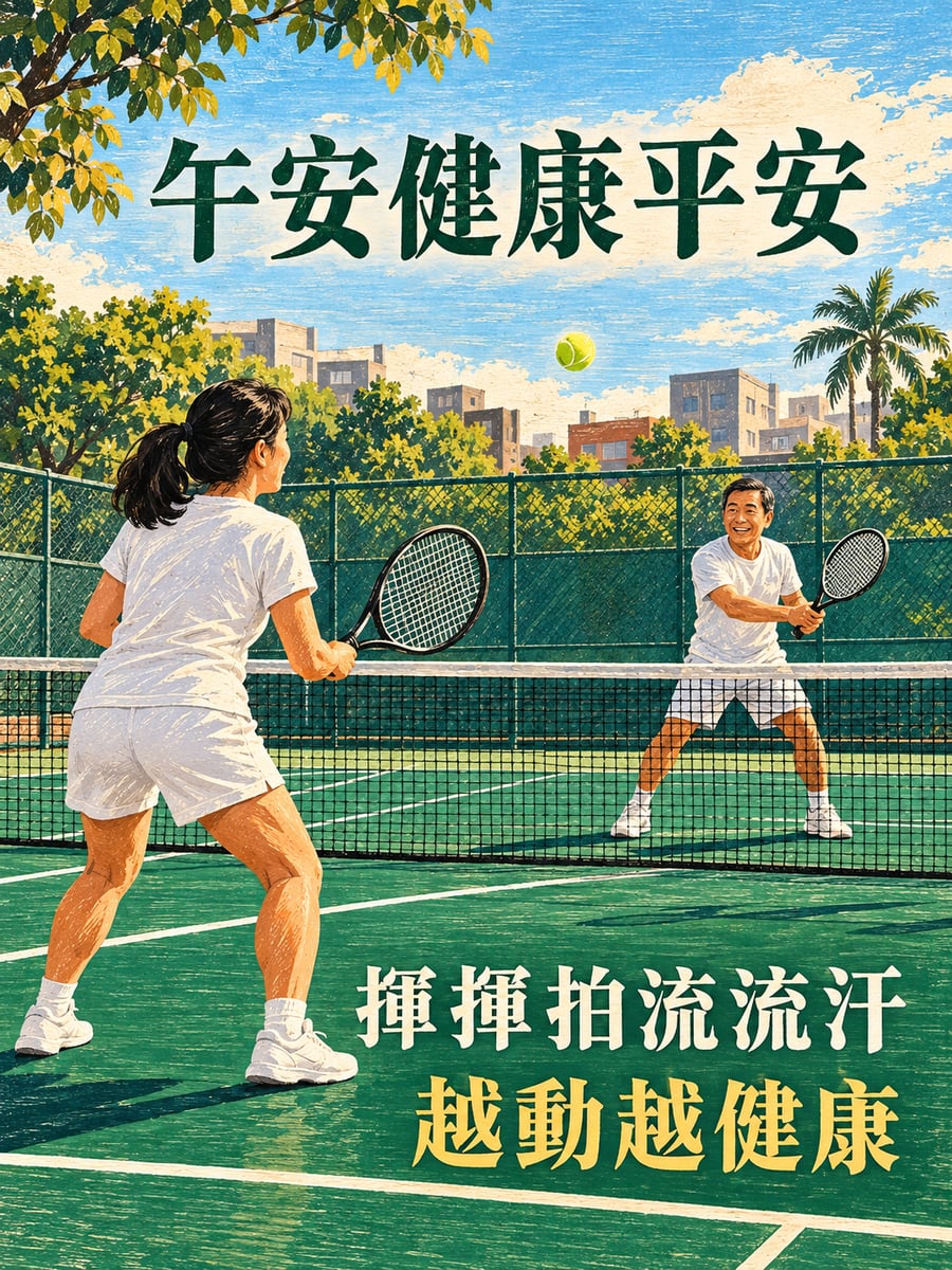 好友打網球。圖中文字：午安健康平安，揮揮拍流流汗，越動越健康