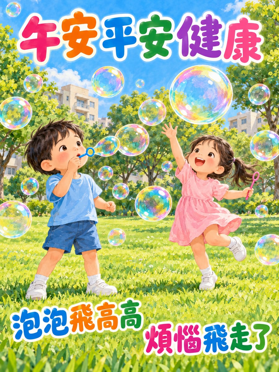 吹泡泡。圖中文字：午安平安健康，泡泡飛高高，煩惱飛走了