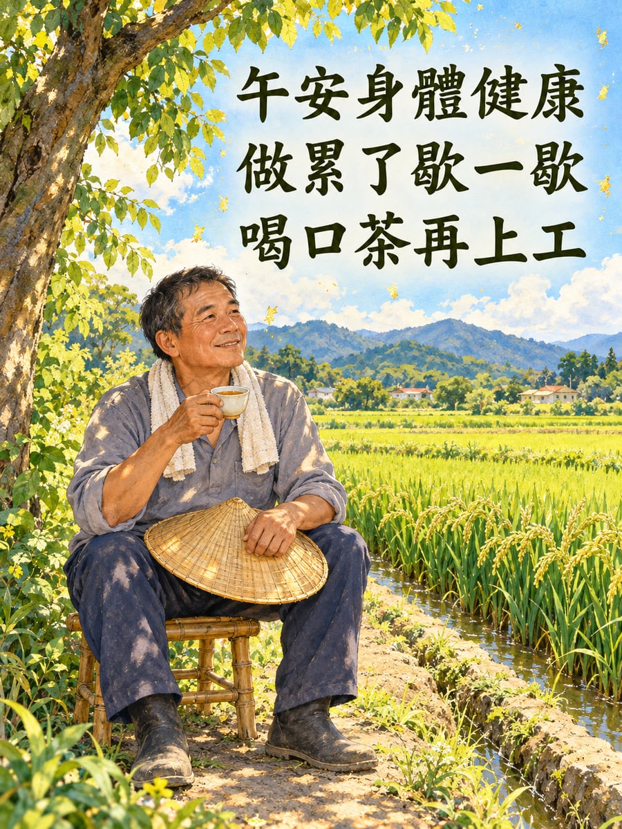 農夫田邊歇一下。圖中文字：午安身體健康，做累了歇一歇，喝口茶再上工