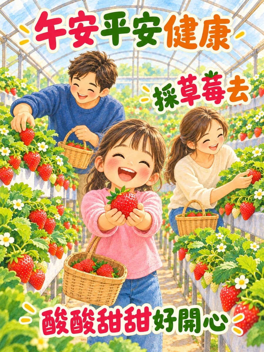 全家採草莓。圖中文字：午安平安健康，採草莓去，酸酸甜甜好開心