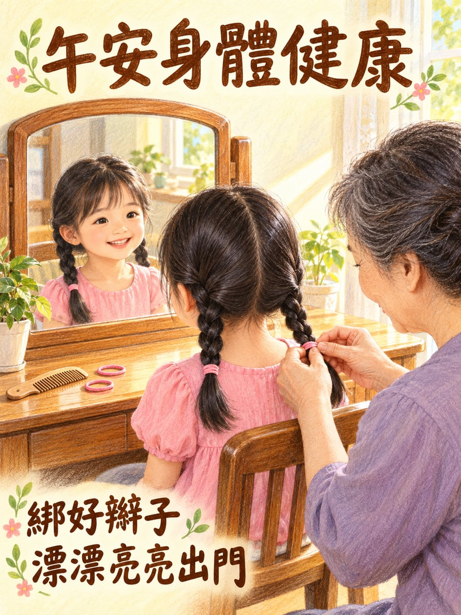 阿嬤幫孫女綁辮子。圖中文字：午安身體健康，綁好辮子，漂漂亮亮出門