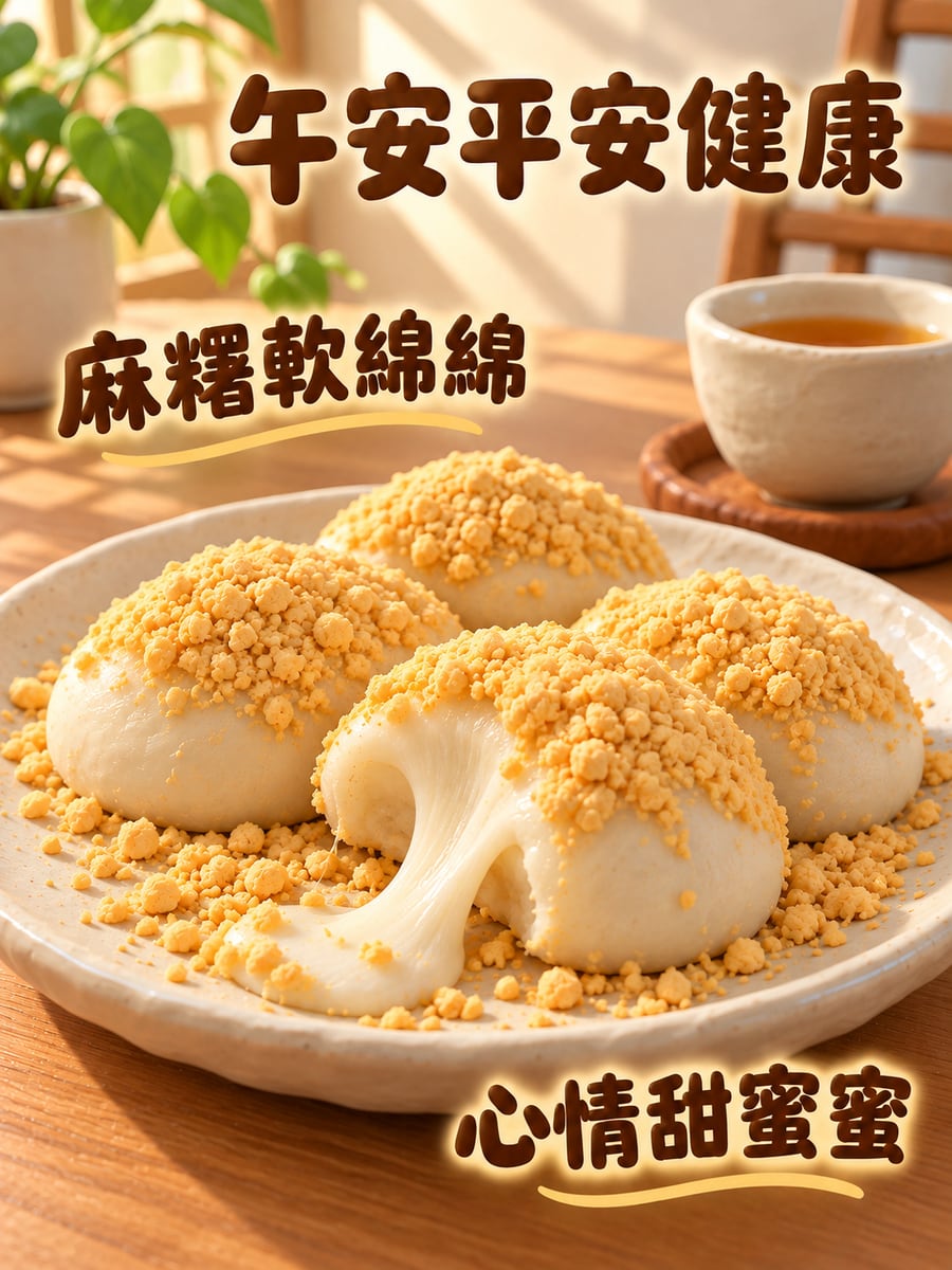 一盤花生麻糬。圖中文字：午安平安健康，麻糬軟綿綿，心情甜蜜蜜