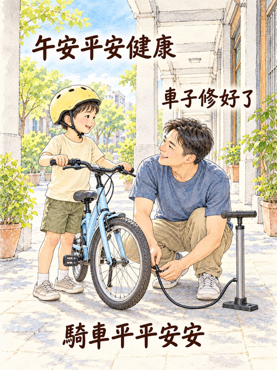 父子一起修腳踏車。圖中文字：午安平安健康，車子修好了，騎車平平安安