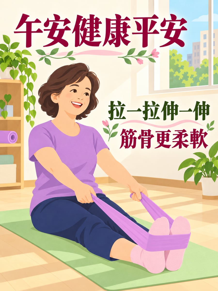 拉彈力帶伸展。圖中文字：午安健康平安，拉一拉伸一伸，筋骨更柔軟