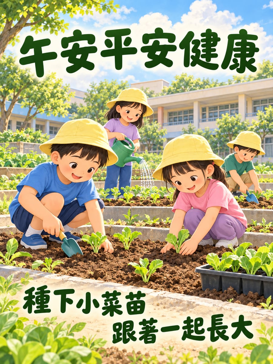 小朋友種菜苗。圖中文字：午安平安健康，種下小菜苗，跟著一起長大