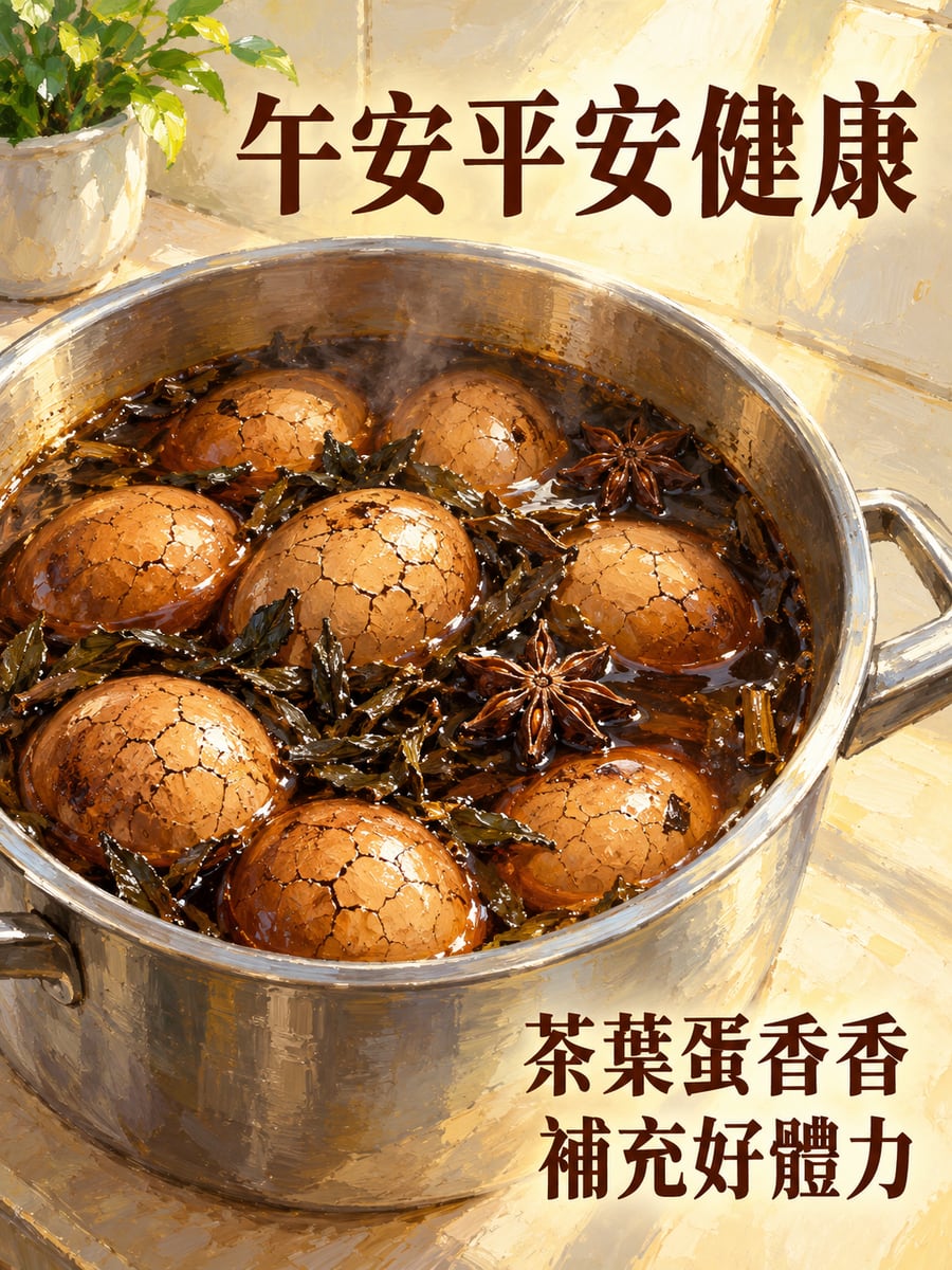 一鍋茶葉蛋。圖中文字：午安平安健康，茶葉蛋香香，補充好體力