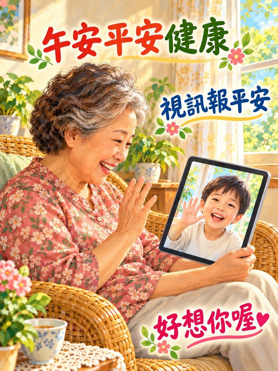 阿嬤視訊報平安。圖中文字：午安平安健康，視訊報平安，好想你喔