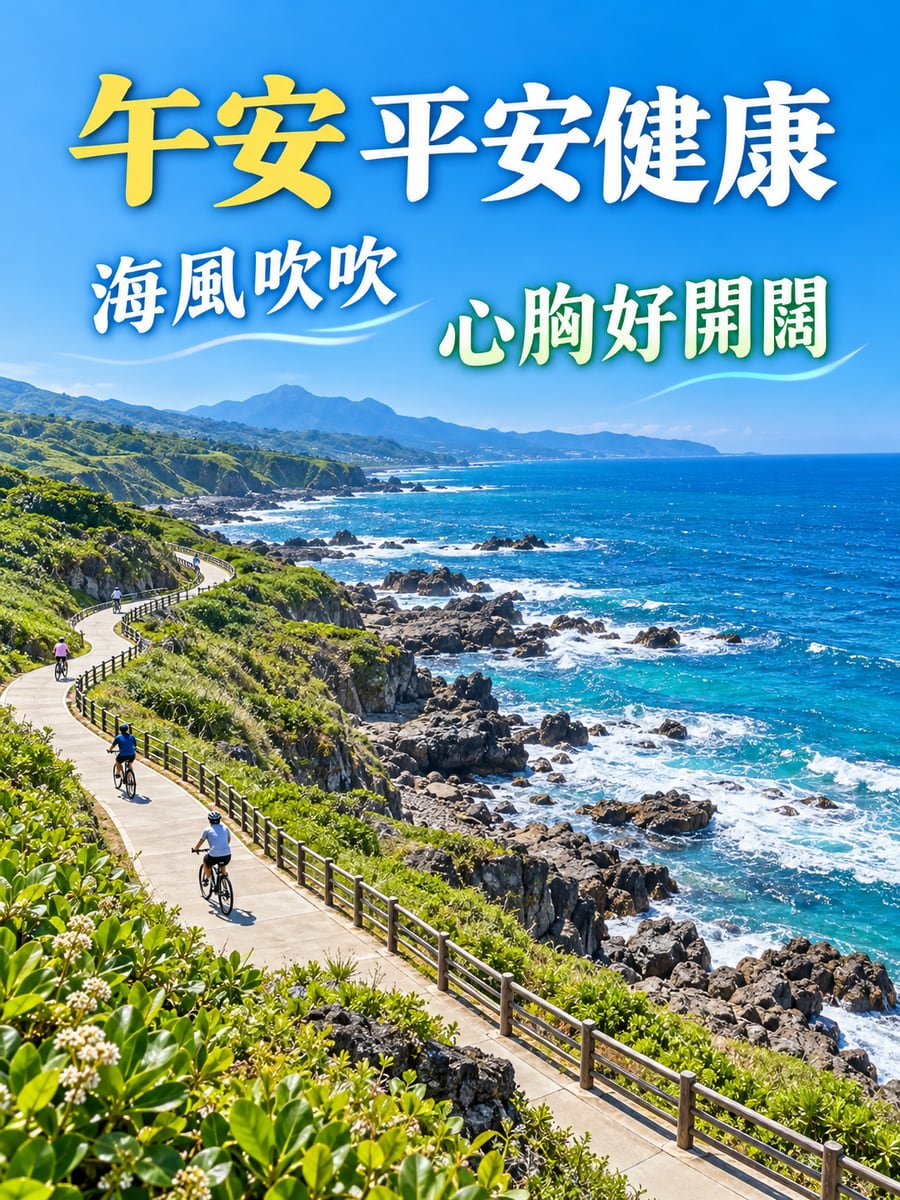 海岸自行車道。圖中文字：午安平安健康，海風吹吹，心胸好開闊