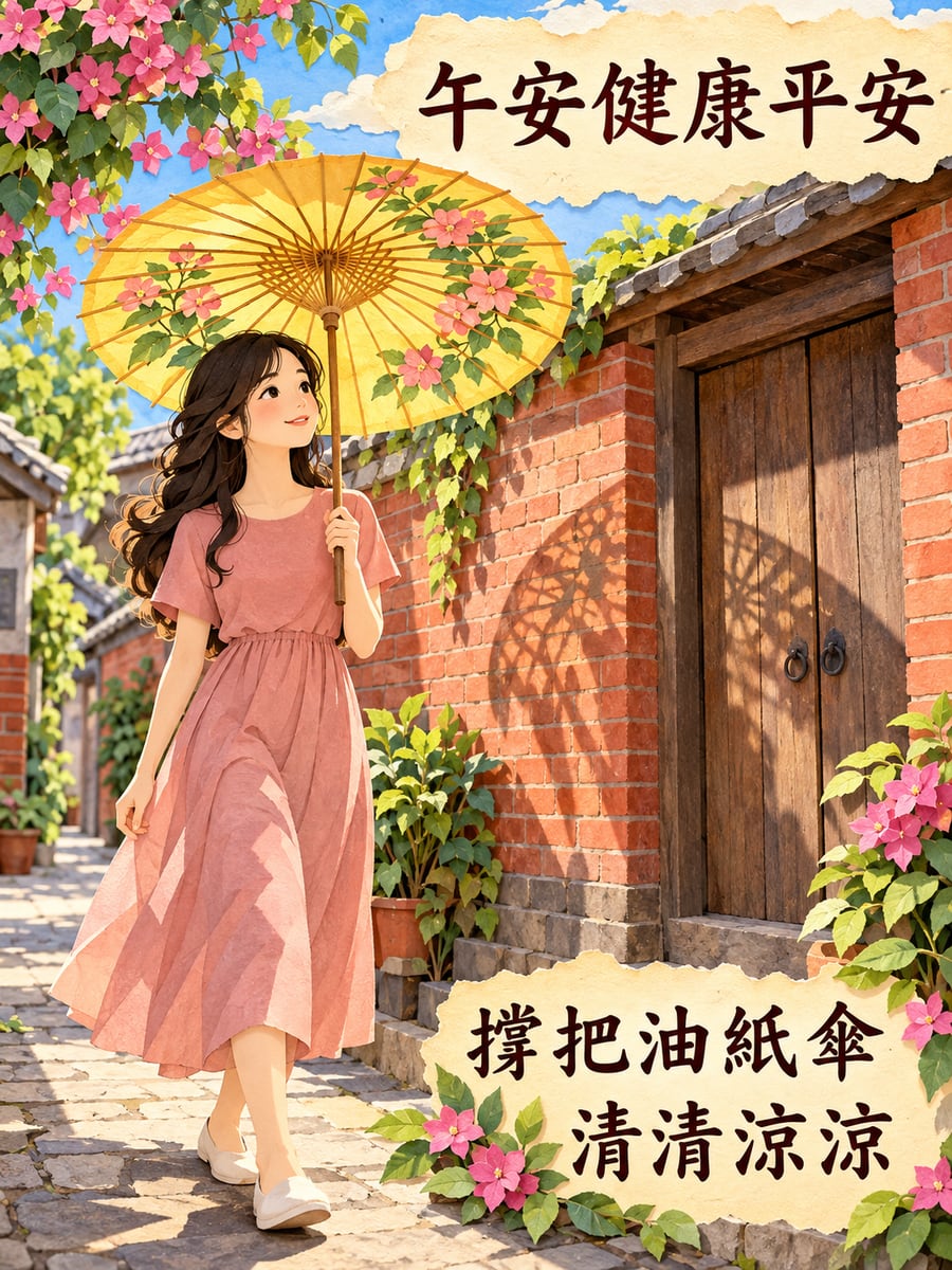 撐一把油紙傘。圖中文字：午安健康平安，撐把油紙傘，清清涼涼