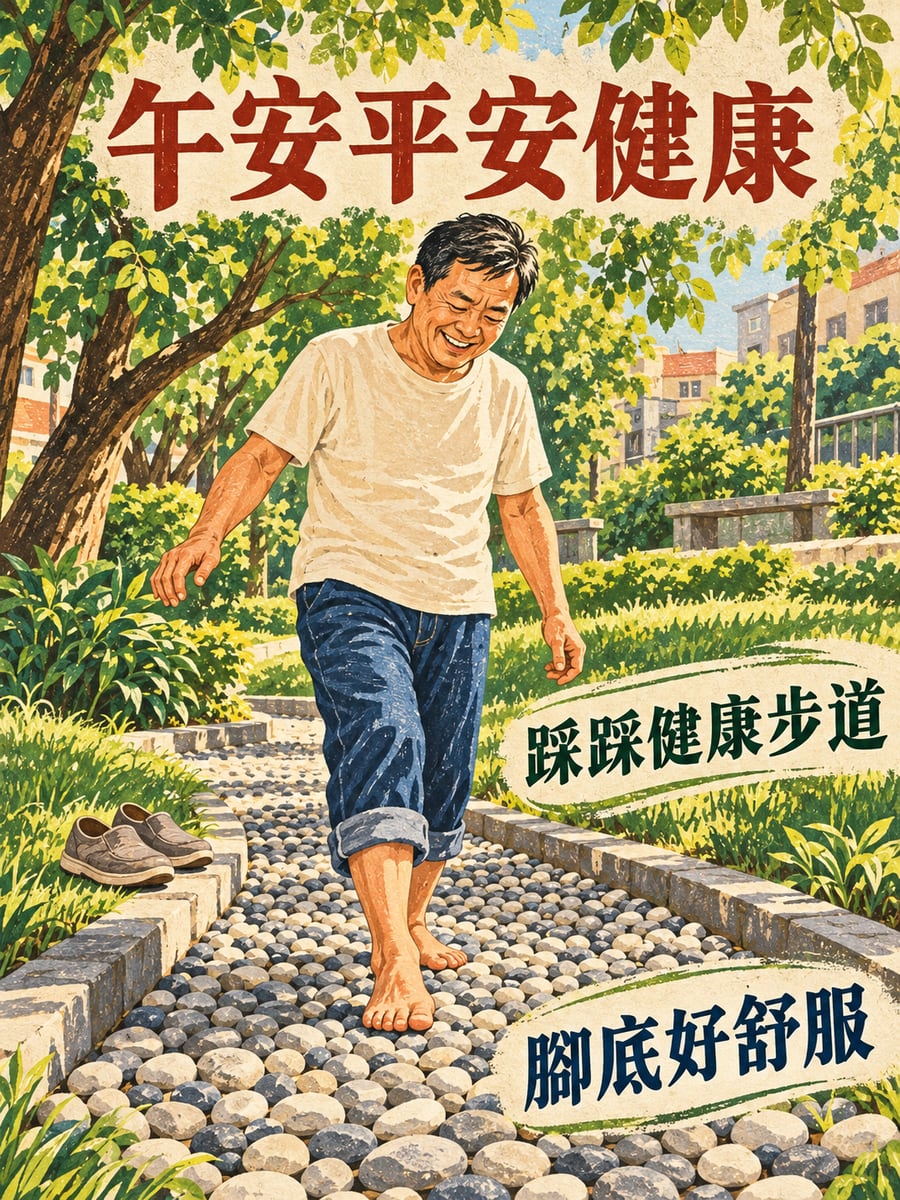 踩健康步道。圖中文字：午安平安健康，踩踩健康步道，腳底好舒服