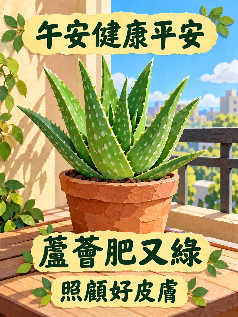一盆蘆薈。圖中文字：午安健康平安，蘆薈肥又綠，照顧好皮膚