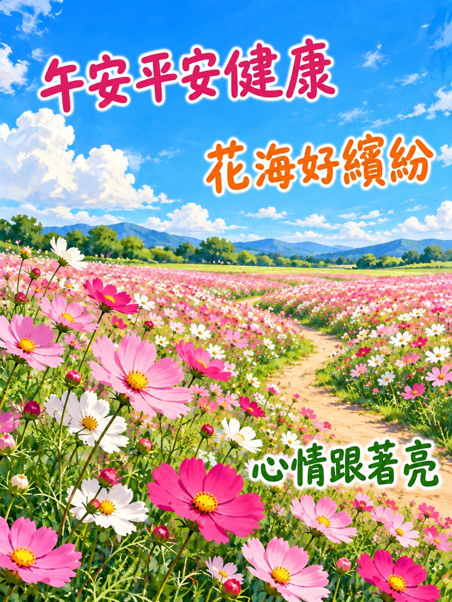 波斯菊花海。圖中文字：午安平安健康，花海好繽紛，心情跟著亮