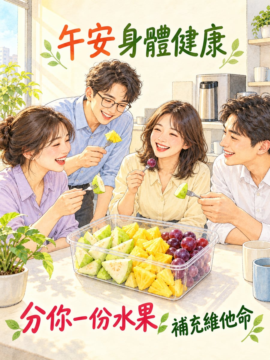 同事一起吃水果。圖中文字：午安身體健康，分你一份水果，補充維他命