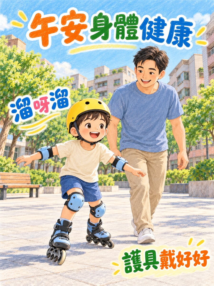 小朋友溜直排輪。圖中文字：午安身體健康，溜呀溜，護具戴好好