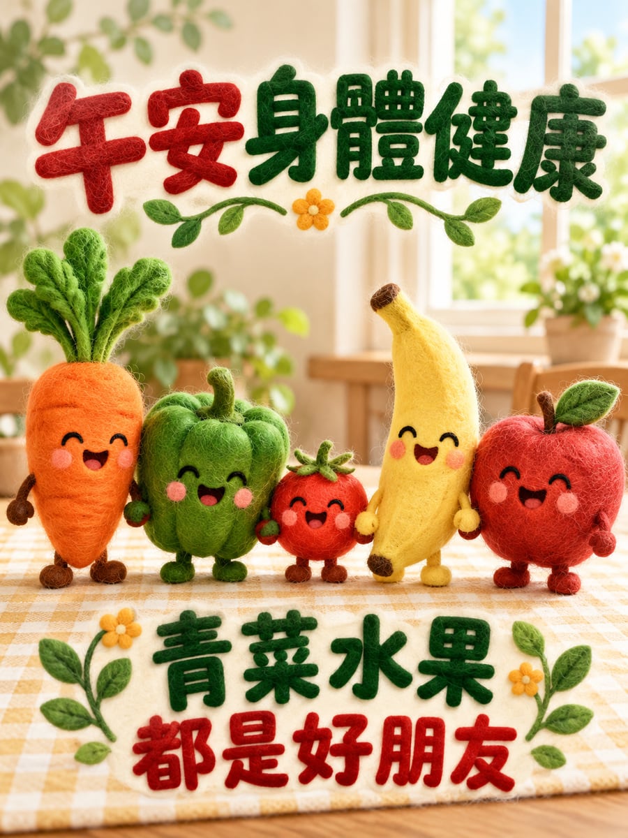 蔬菜水果好朋友。圖中文字：午安身體健康，青菜水果，都是好朋友