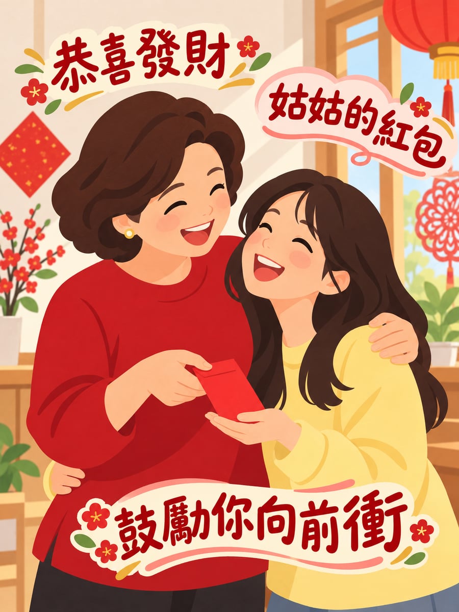 姑姑給大學生姪女紅包。圖中文字：恭喜發財，姑姑的紅包，鼓勵你向前衝