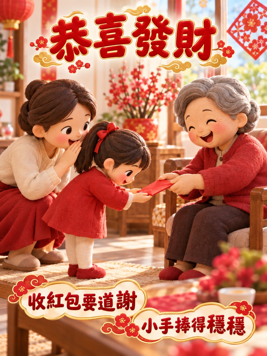 學會雙手收紅包。圖中文字：恭喜發財，收紅包要道謝，小手捧得穩穩