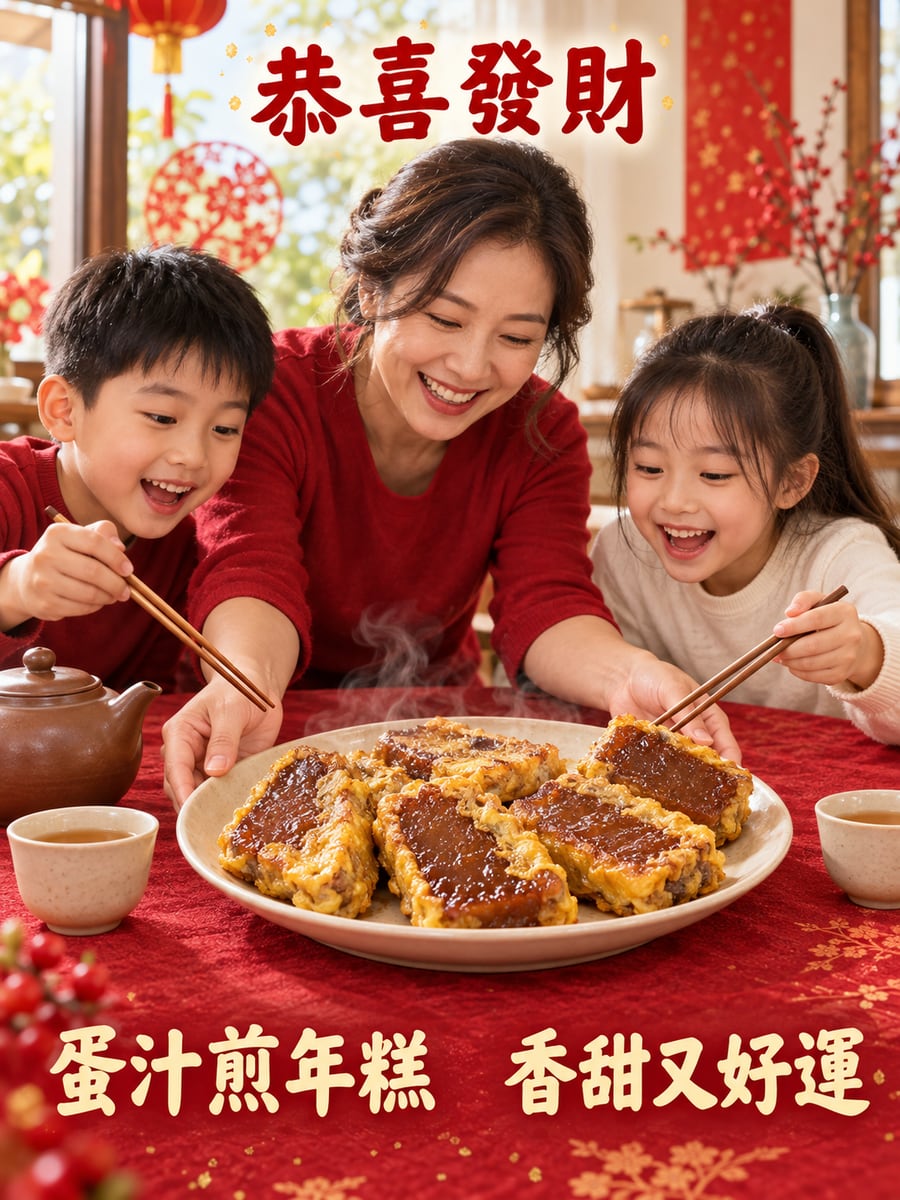 姑姑的蛋汁煎年糕。圖中文字：恭喜發財，蛋汁煎年糕，香甜又好運