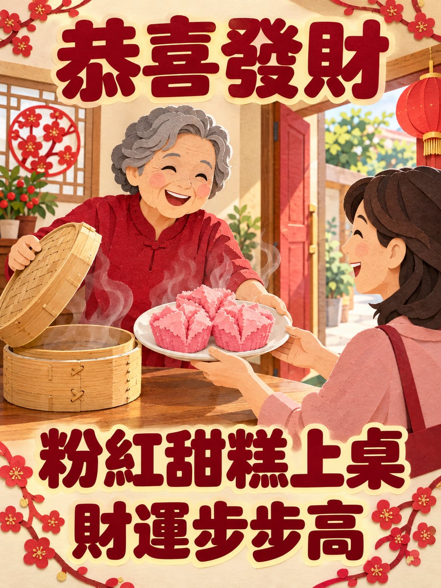 剛蒸好的發糕請客人。圖中文字：恭喜發財，粉紅甜糕上桌，財運步步高