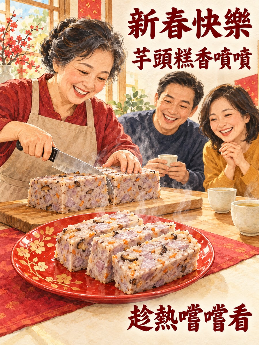 招待客人的芋頭糕。圖中文字：新春快樂，芋頭糕香噴噴，趁熱嚐嚐看