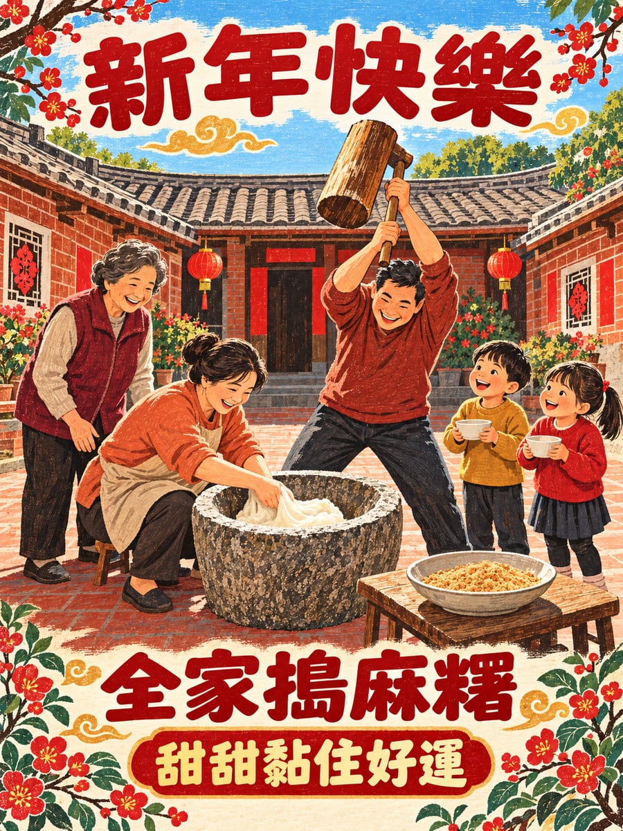 拜年一起搗麻糬。圖中文字：新年快樂，全家搗麻糬，甜甜黏住好運