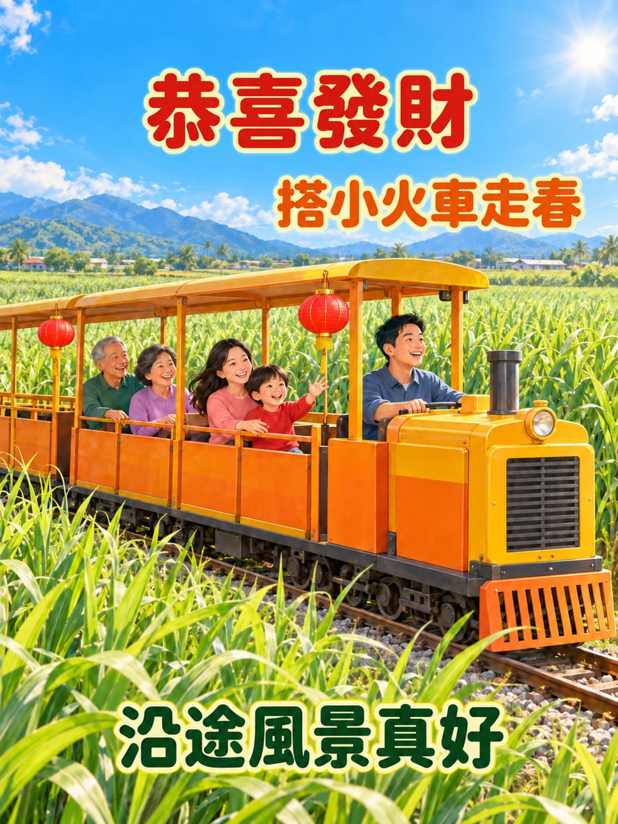 搭小火車去走春。圖中文字：恭喜發財，搭小火車走春，沿途風景真好