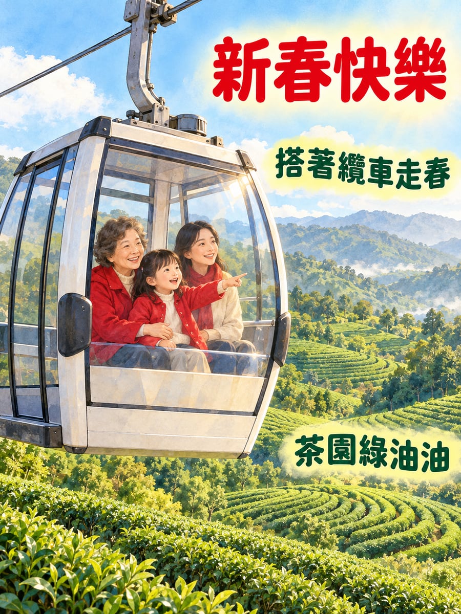 搭纜車看茶園走春。圖中文字：新春快樂，搭著纜車走春，茶園綠油油