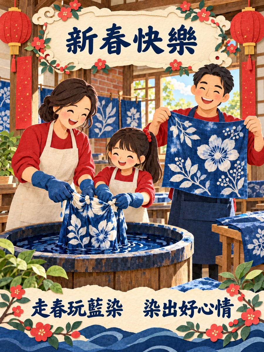 走春體驗藍染。圖中文字：新春快樂，走春玩藍染，染出好心情