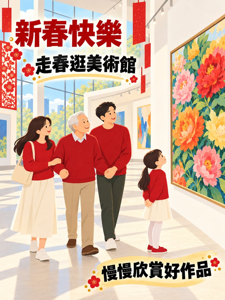 走春逛美術館。圖中文字：新春快樂，走春逛美術館，慢慢欣賞好作品