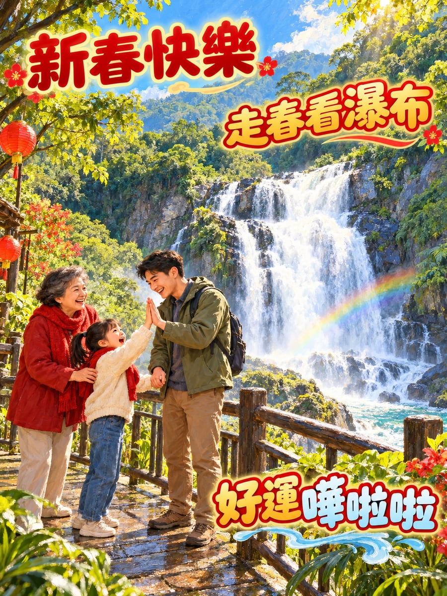 走春看瀑布。圖中文字：新春快樂，走春看瀑布，好運嘩啦啦