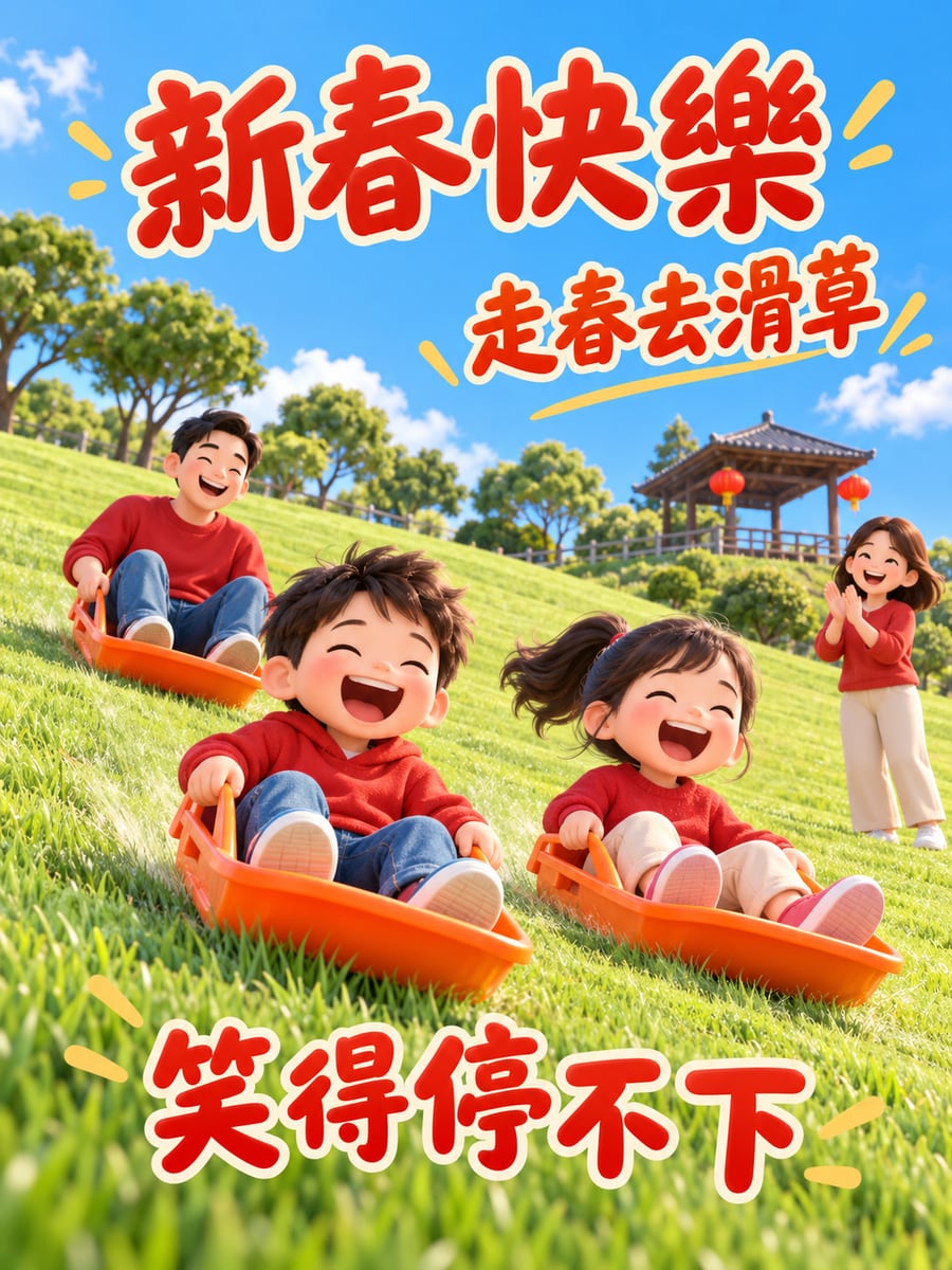 走春去滑草。圖中文字：新春快樂，走春去滑草，笑得停不下