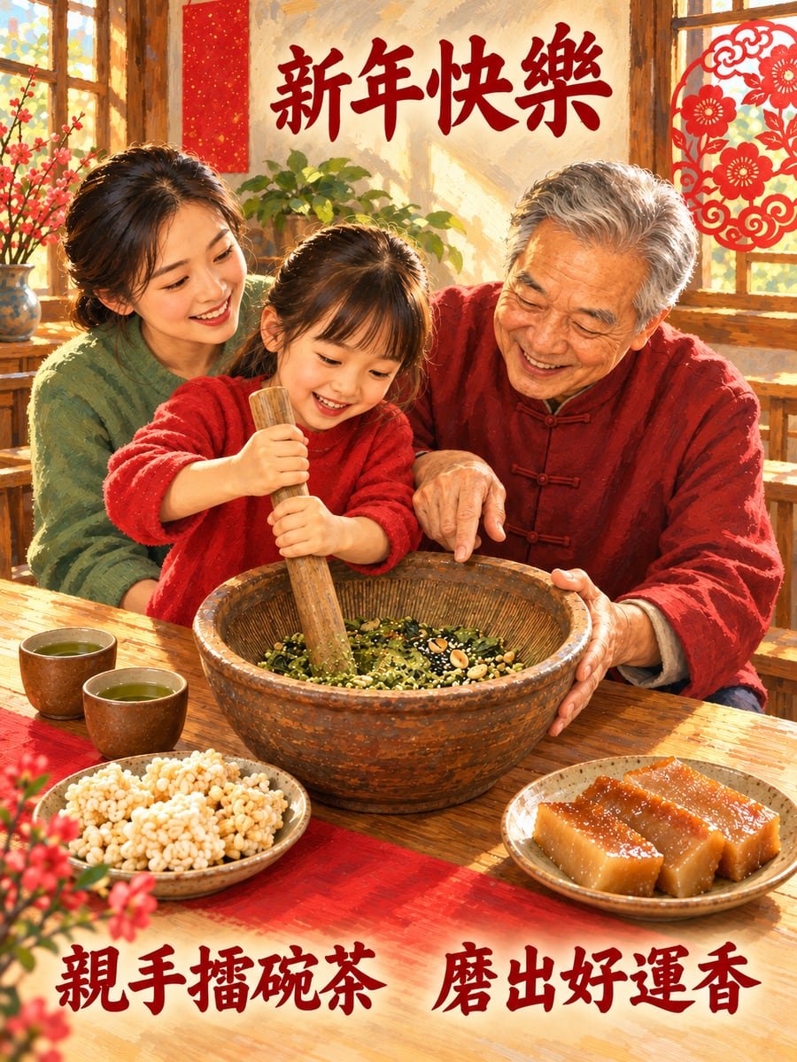 走春體驗擂茶。圖中文字：新年快樂，親手擂碗茶，磨出好運香