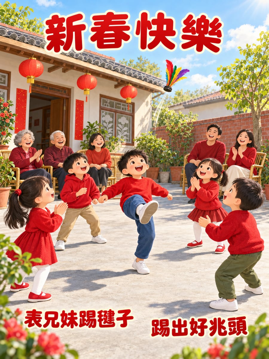 表兄妹踢毽子。圖中文字：新春快樂，表兄妹踢毽子，踢出好兆頭