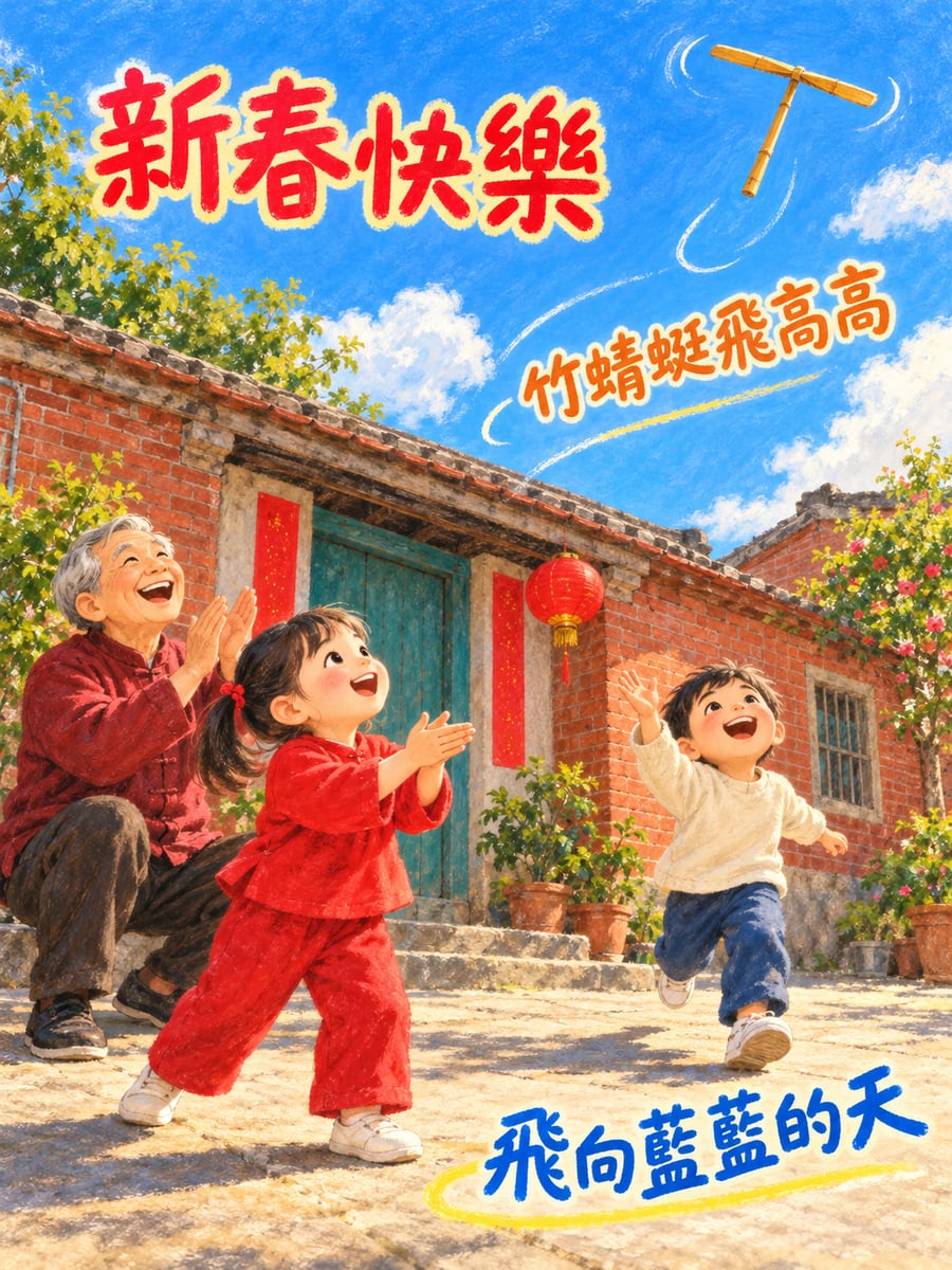 竹蜻蜓飛高高。圖中文字：新春快樂，竹蜻蜓飛高高，飛向藍藍的天